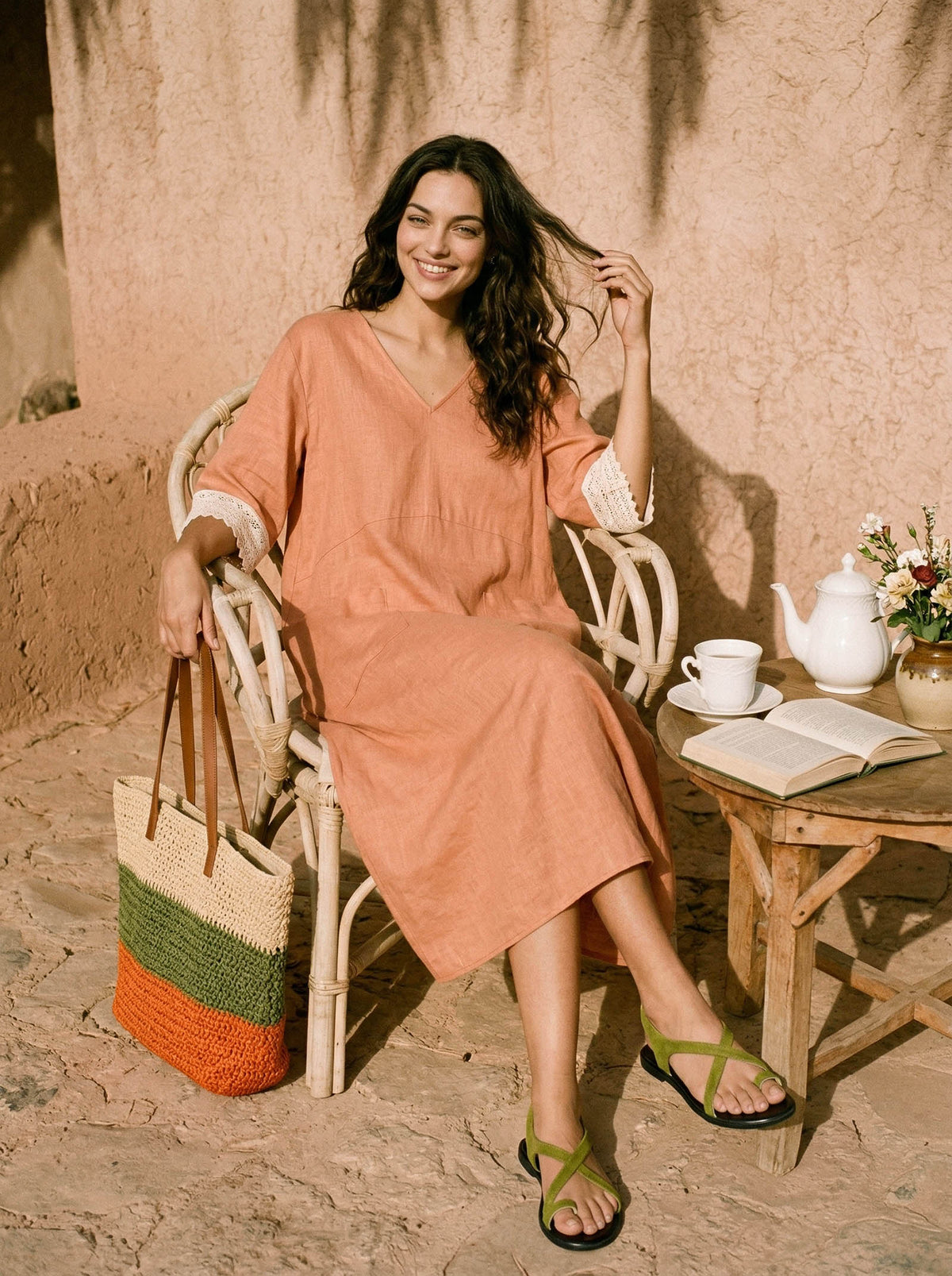 100% Linen Lace-Cuff Cocoon Midi Dress PETRA by LINTICO for women