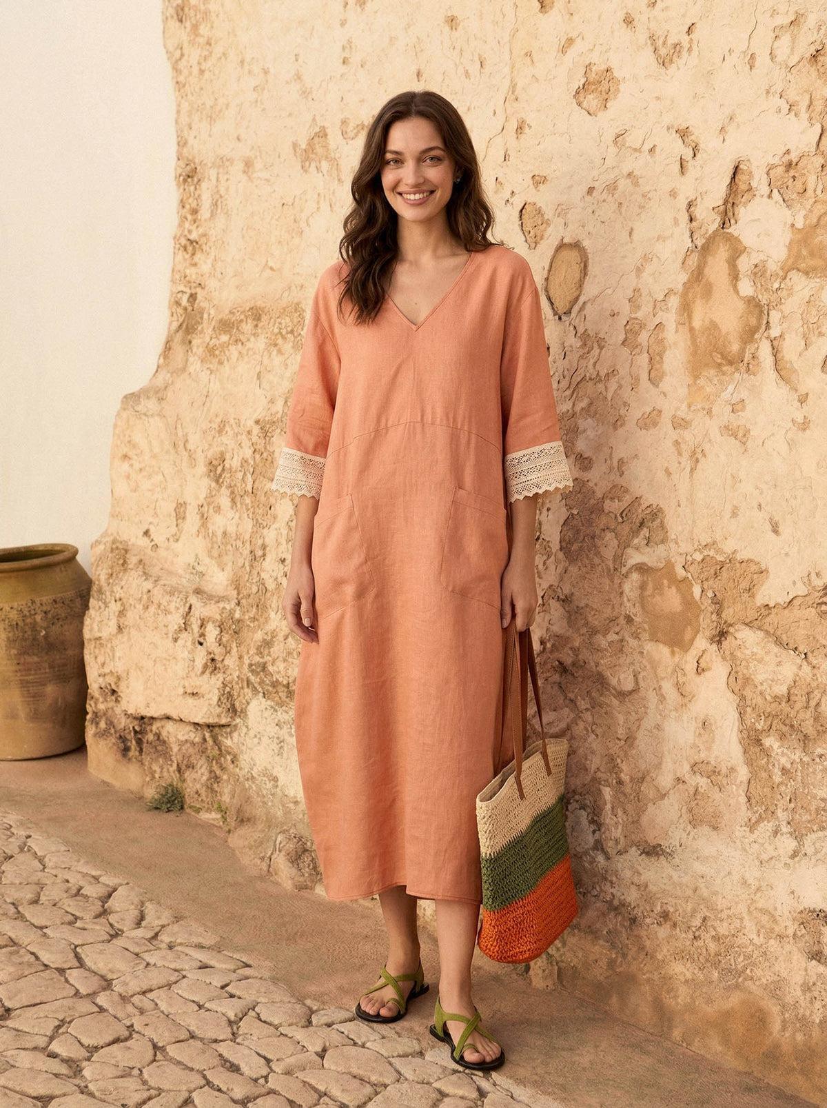 100% Linen Lace-Cuff Cocoon Midi Dress PETRA by LINTICO for women