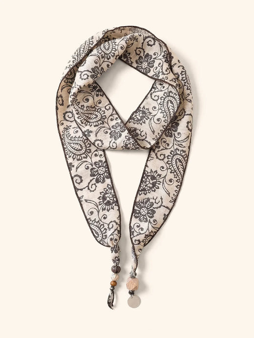 Multi-Functional Floral Satin Scarf With Jade Bead Accents