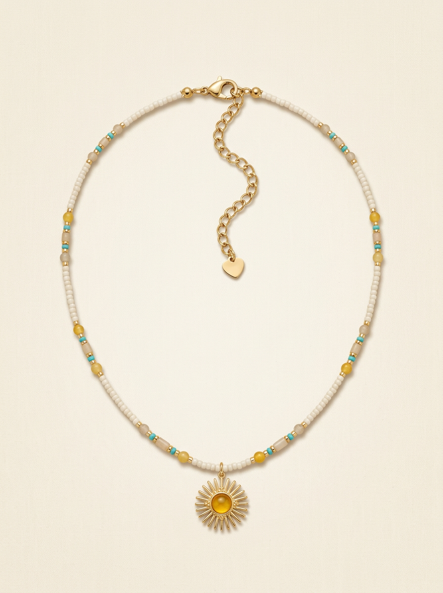 Stone Beaded Necklace Sun Pendant