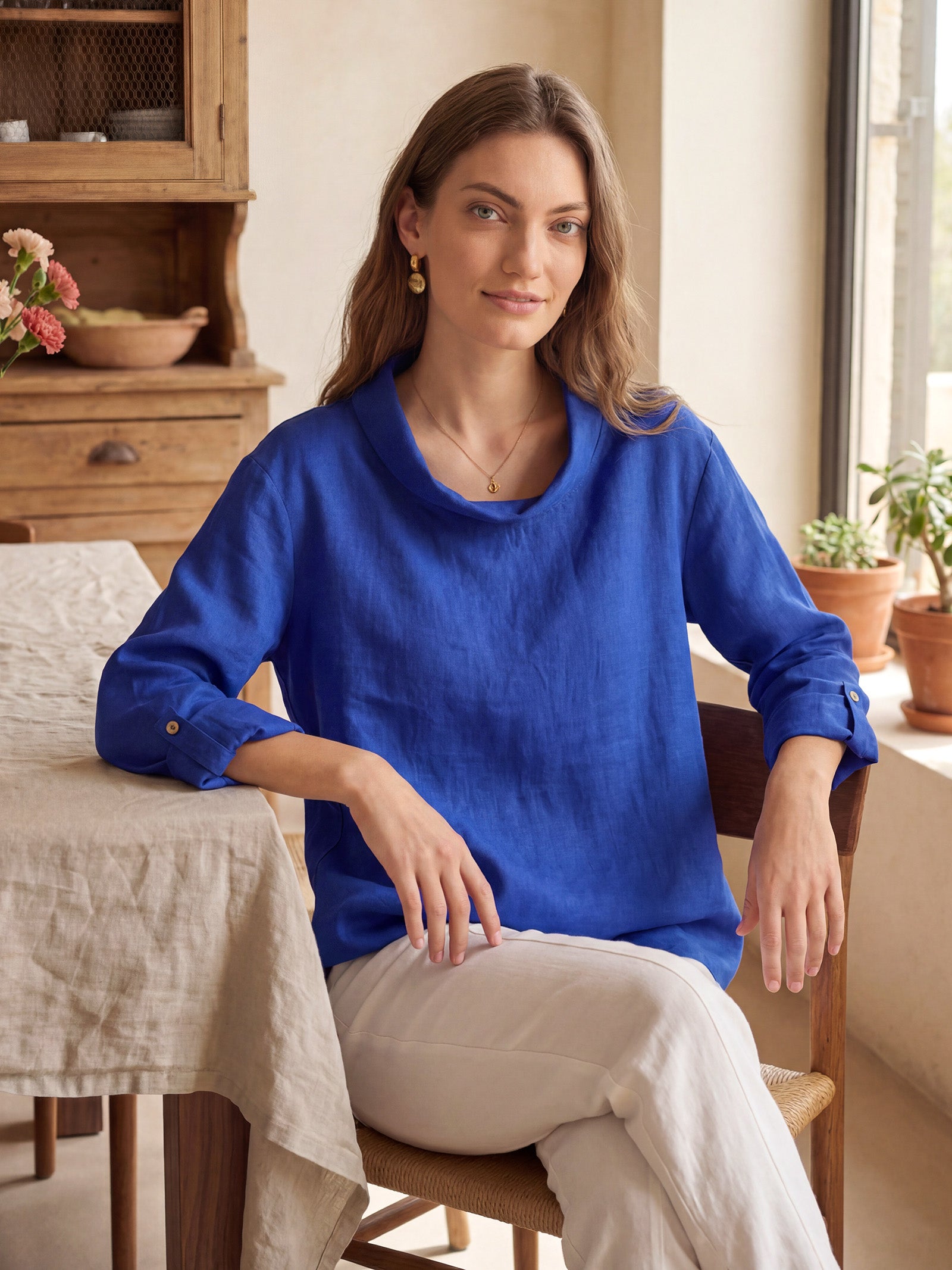 100% Linen Draped Neck Top HOLLIS by LINTICO for women
