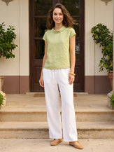 100% Linen Cap Sleeve Soft-Fold Collar Top YVONNE by LINTICO for women