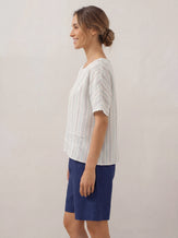 100% Linen Pleated Striped Pullover Top VIA by LINTICO for women