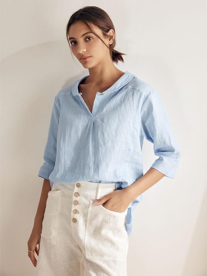 JADE 100% Linen Shawl V-Neck Half Sleeve Top - TOPS-Linen Blouses