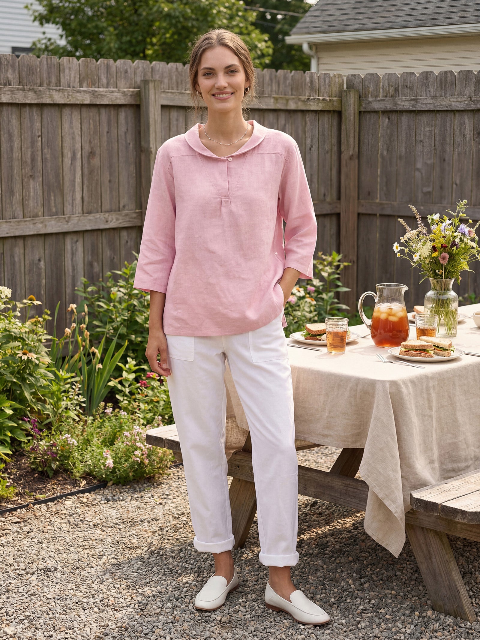 100% Linen Shawl V-Neck Half Sleeve Top JADE