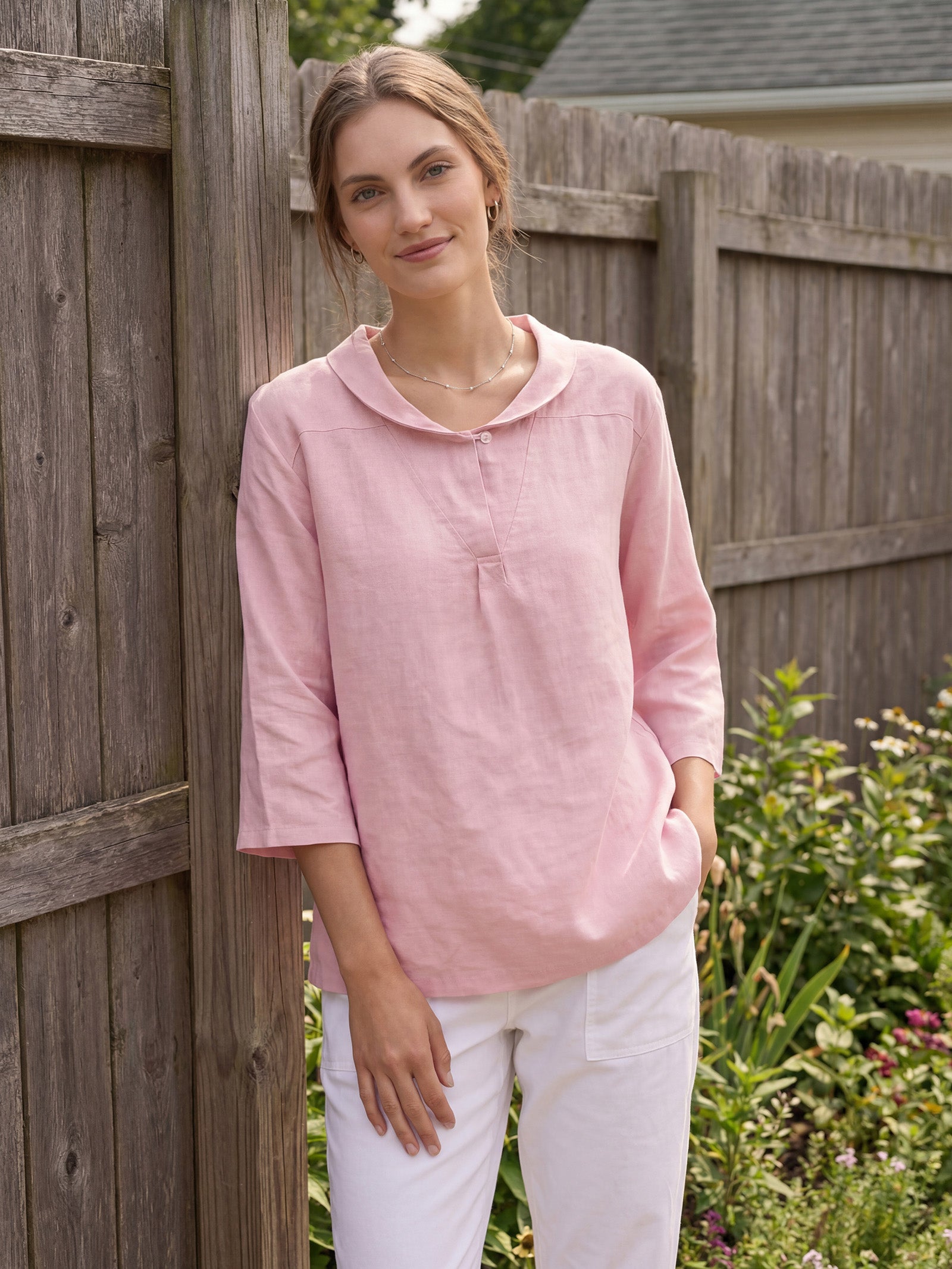 100% Linen Shawl V-Neck Half Sleeve Top JADE by LINTICO for women