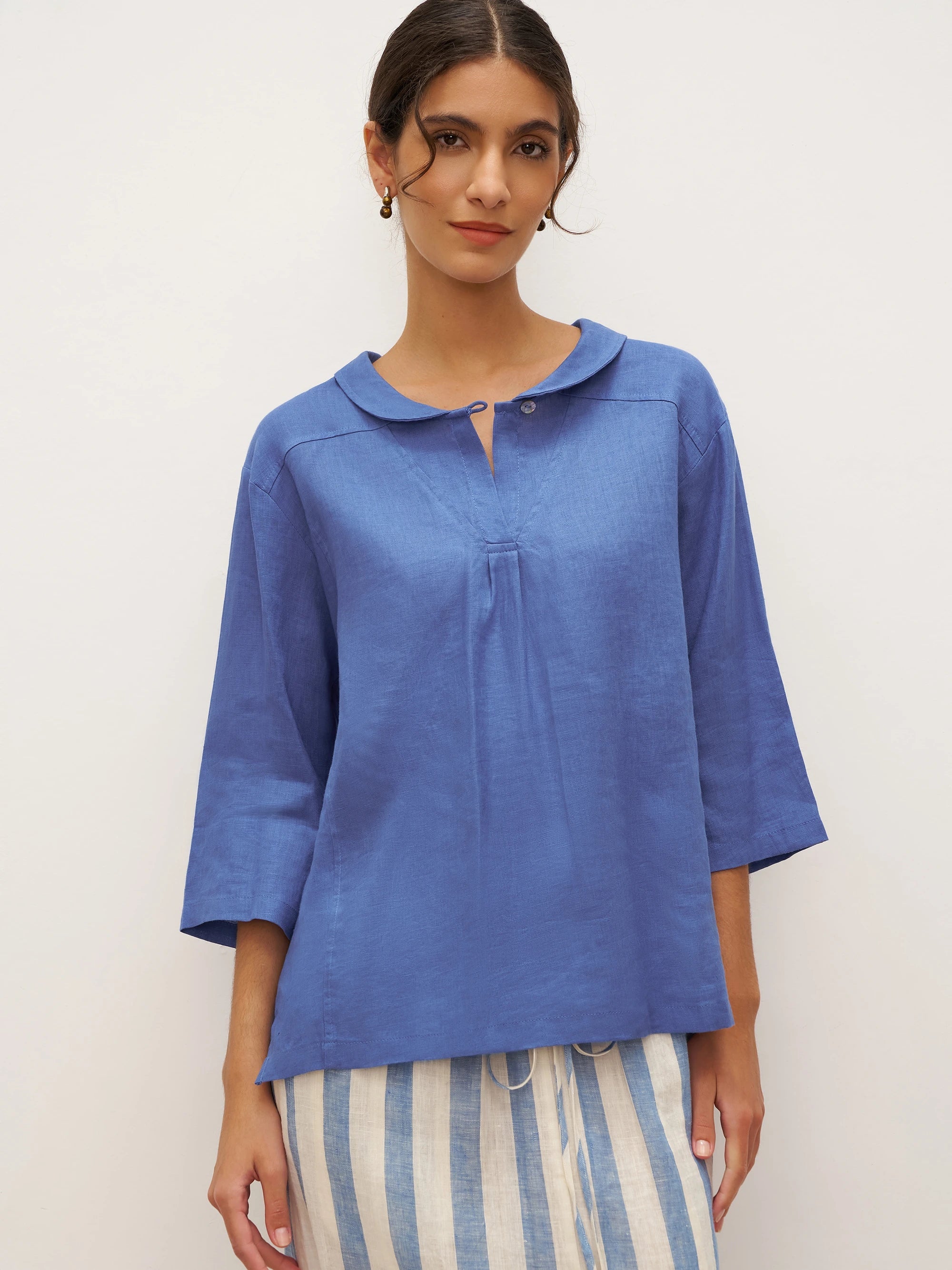 JADE 100% Linen Shawl V-Neck Half Sleeve Top - TOPS-Linen Blouses