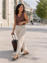 100% Linen Wood Button Slit Hem Ankle Pants ALBA by LINTICO
