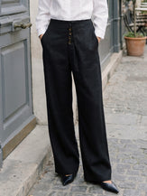 Linen-Lyocell Asymmetric Placket Straight Pants SAFFRON by LINTICO for women