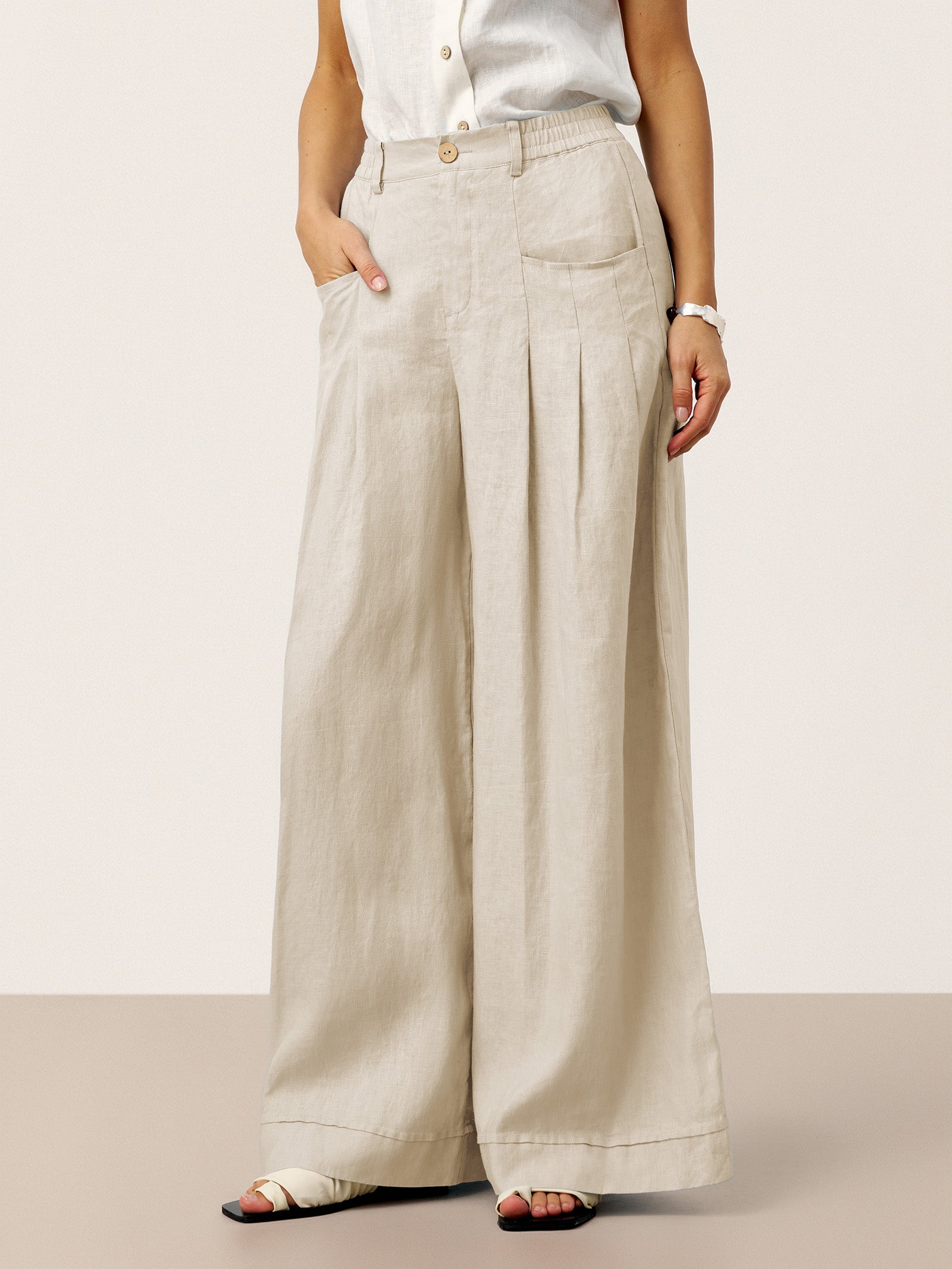 100% Linen Sculpted Pleat Elasticated Back Relaxed Pants VERIDIANA by LINTICO for women