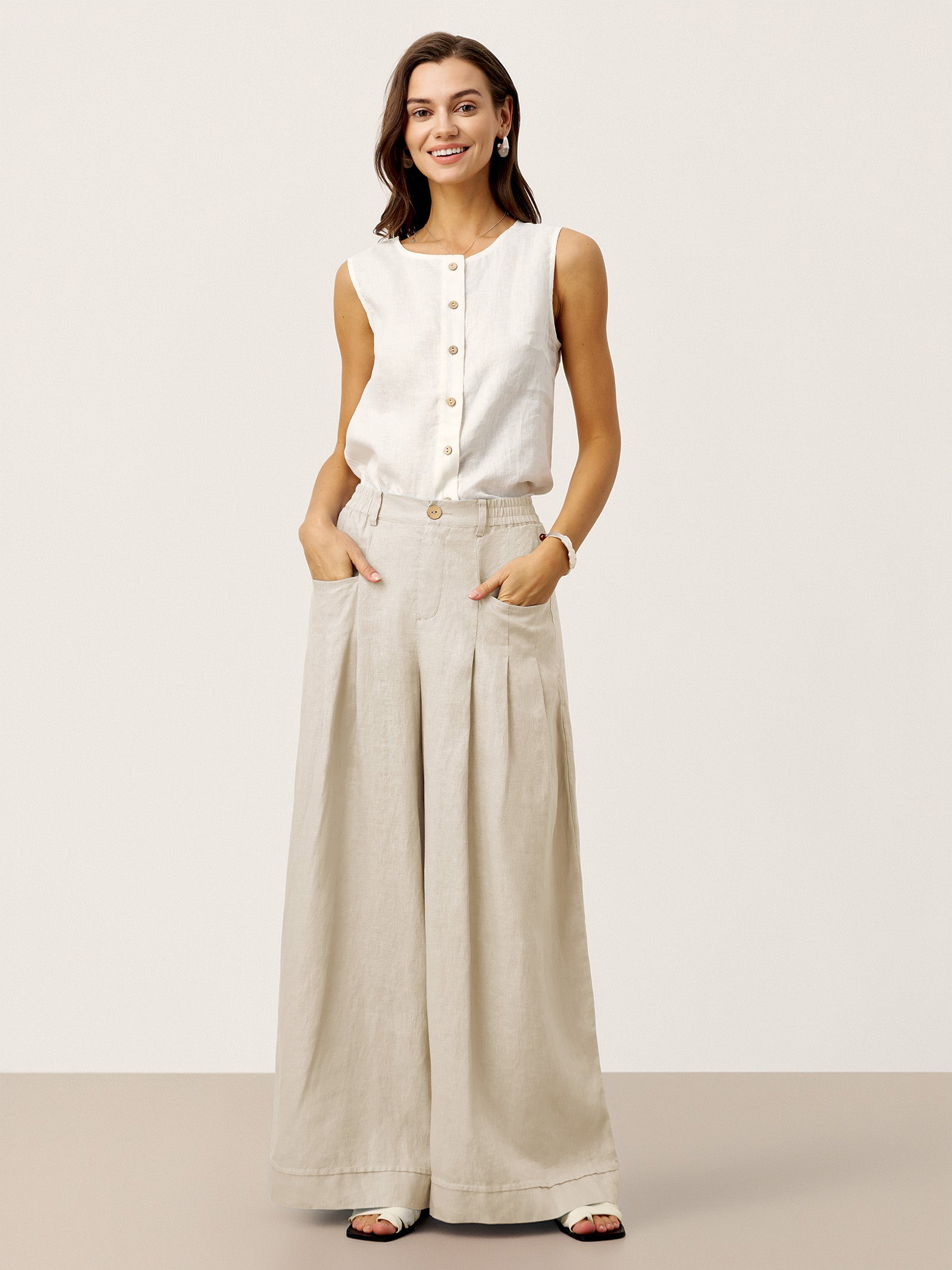 100% Linen Sculpted Pleat Elasticated Back Relaxed Pants VERIDIANA