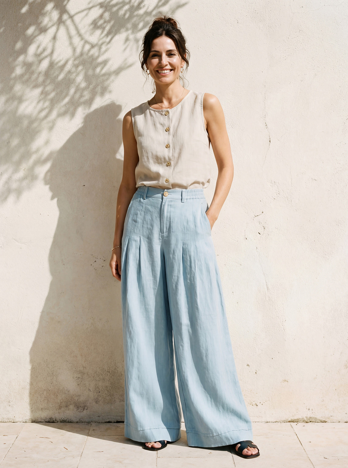 100% Linen Sculpted Pleat Elasticated Back Relaxed Pants VERIDIANA