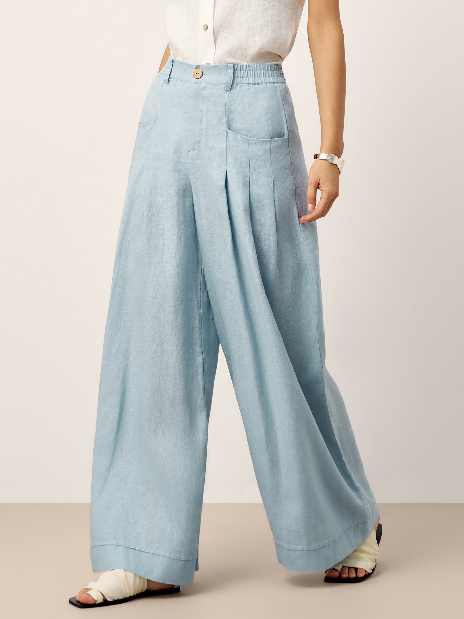 100% Linen Sculpted Pleat Elasticated Back Relaxed Pants VERIDIANA