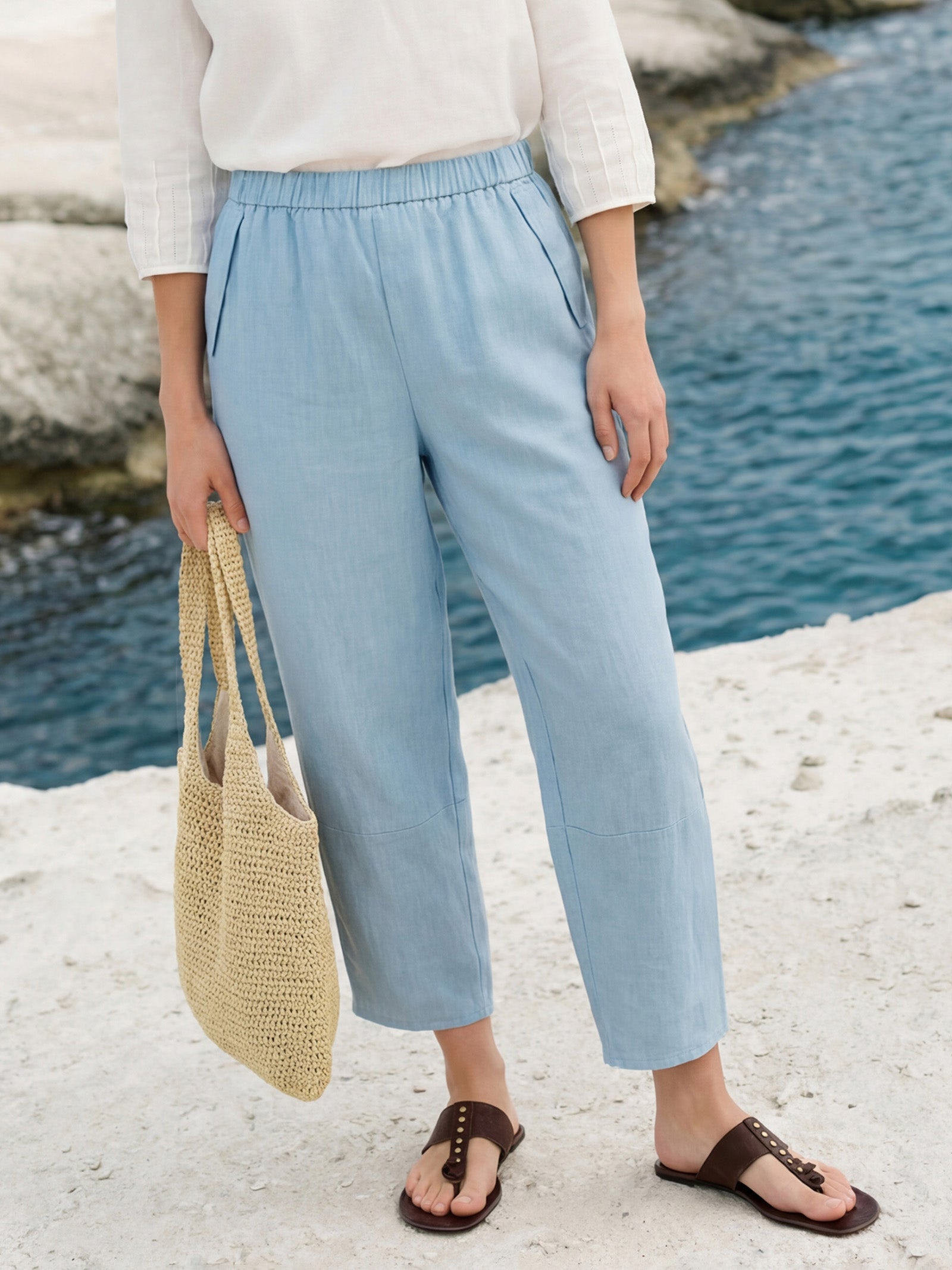 100% Linen Tapered Cropped Pull-On Trousers LORETTA