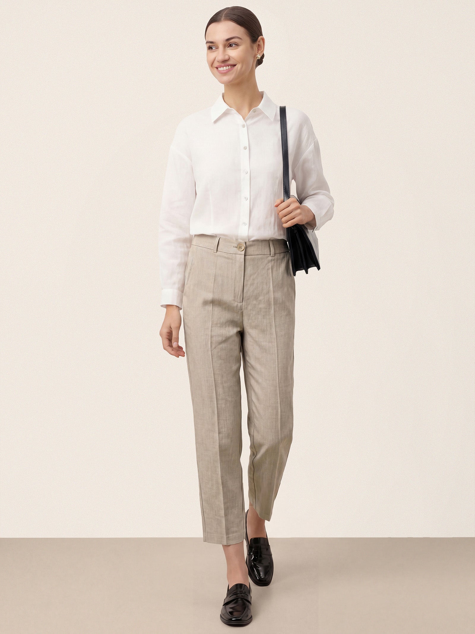 Linen Tailored Straight Cropped Pants LOGAN by LINTICO for women
