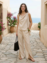 100% Linen Lace-Panel Split-Hem Pants BRONTE by LINTICO for women