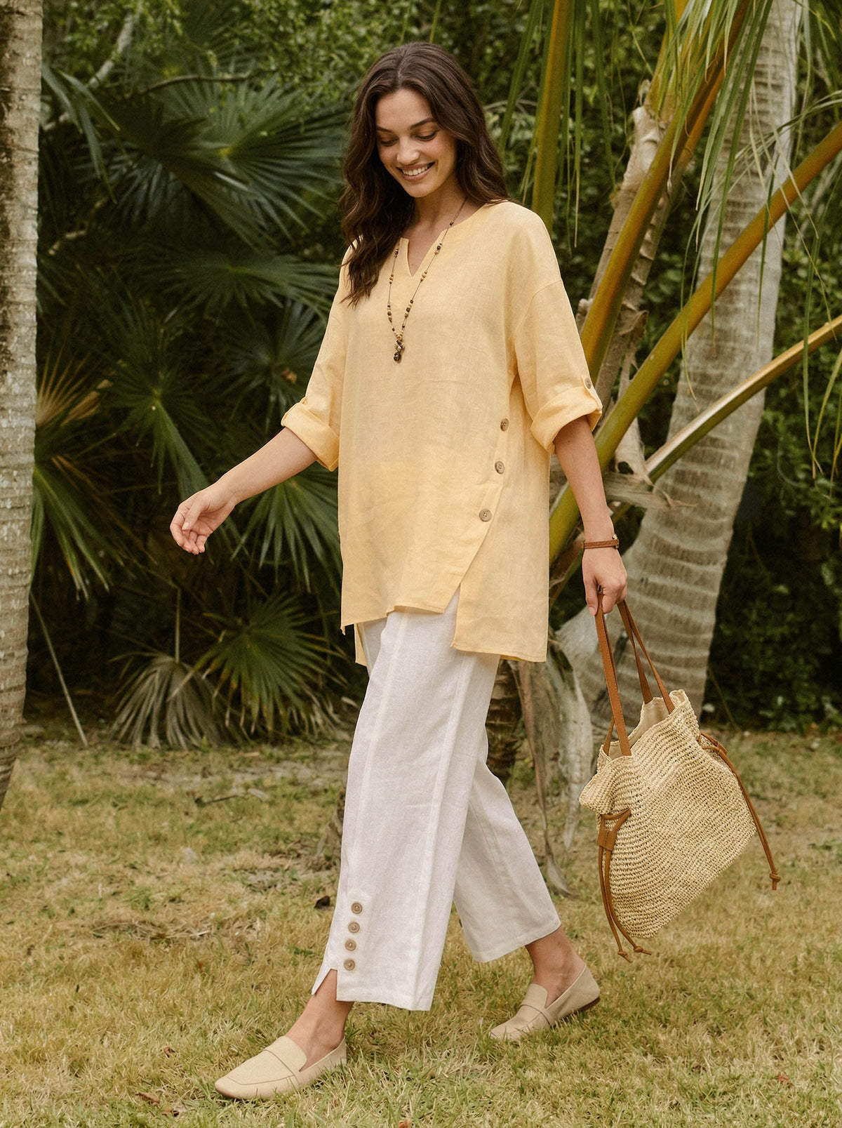100% Linen Buttoned Split-Hem Pants ALINA by LINTICO for women