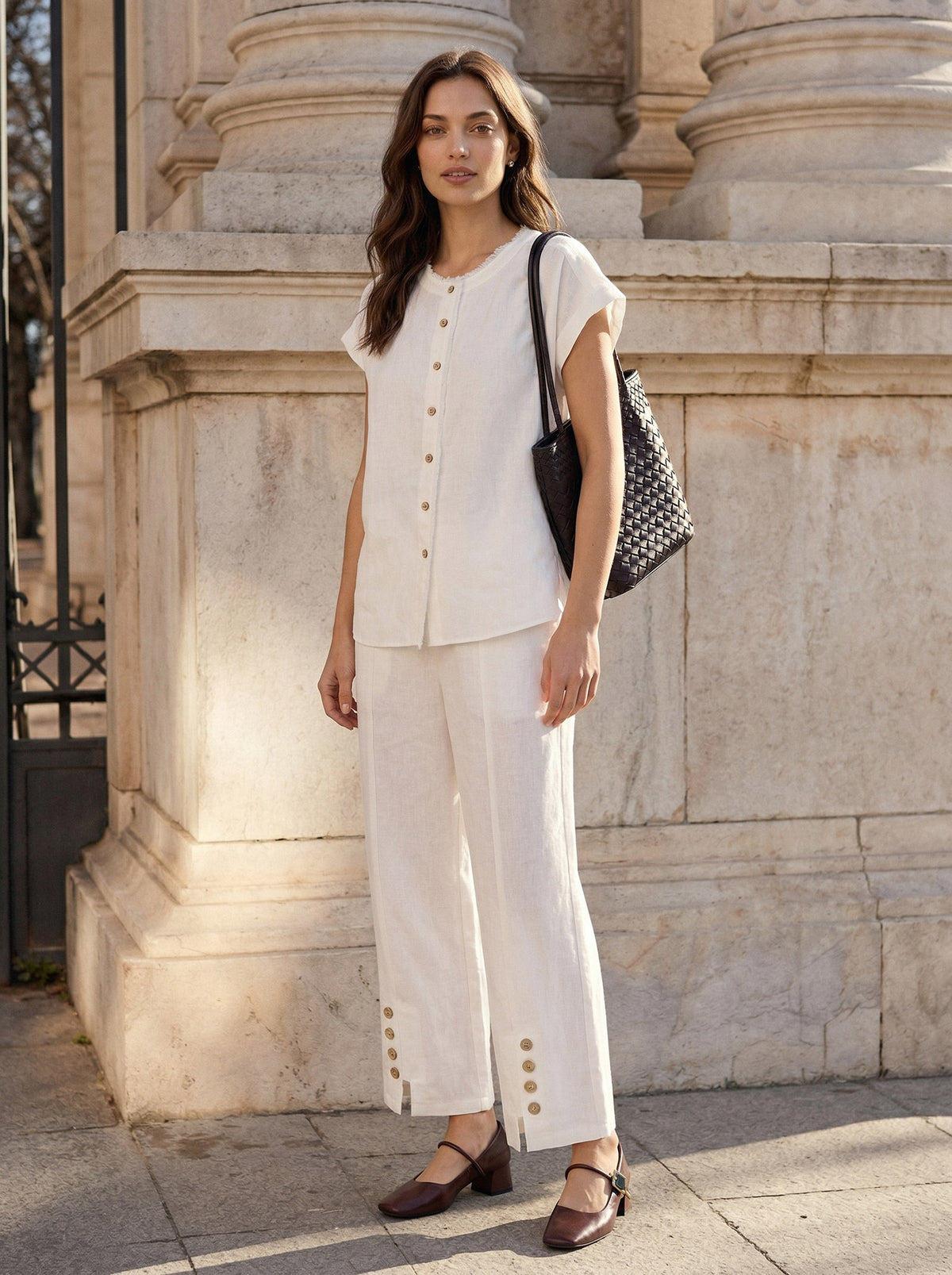 100% Linen Buttoned Split-Hem Pants ALINA by LINTICO for women