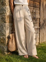 100% Linen Buttoned Slit-Hem Pants KATYA by LINTICO for women