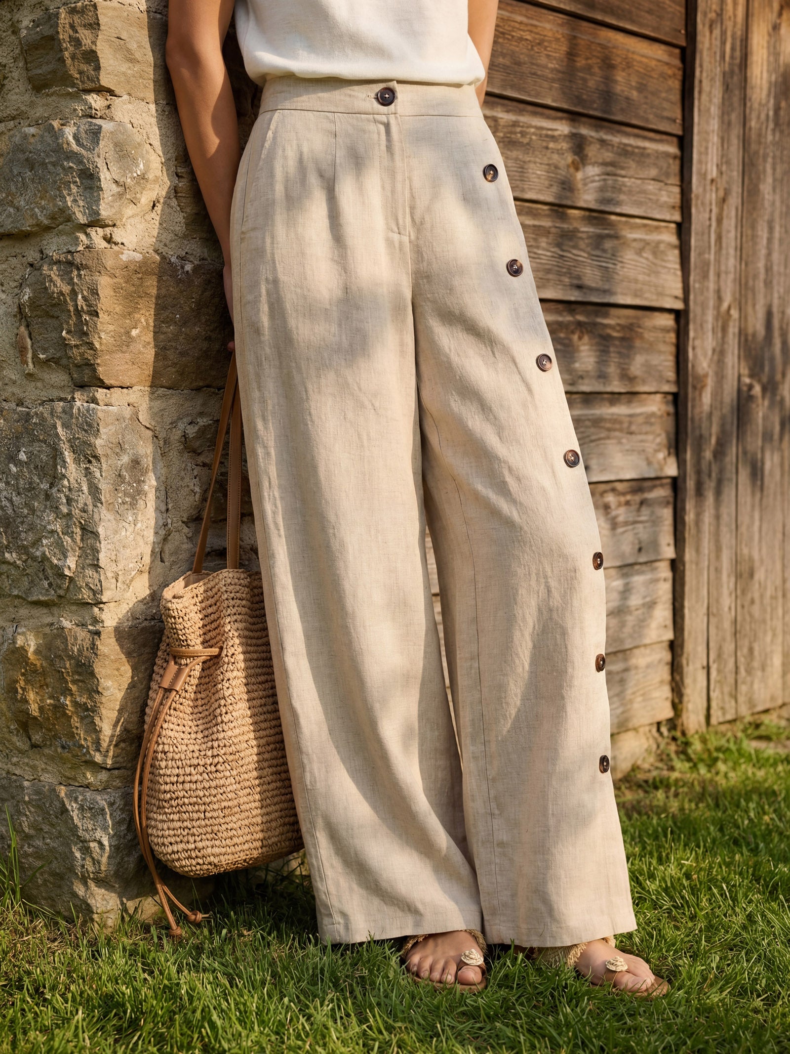 100% Linen Buttoned Slit-Hem Pants KATYA by LINTICO for women