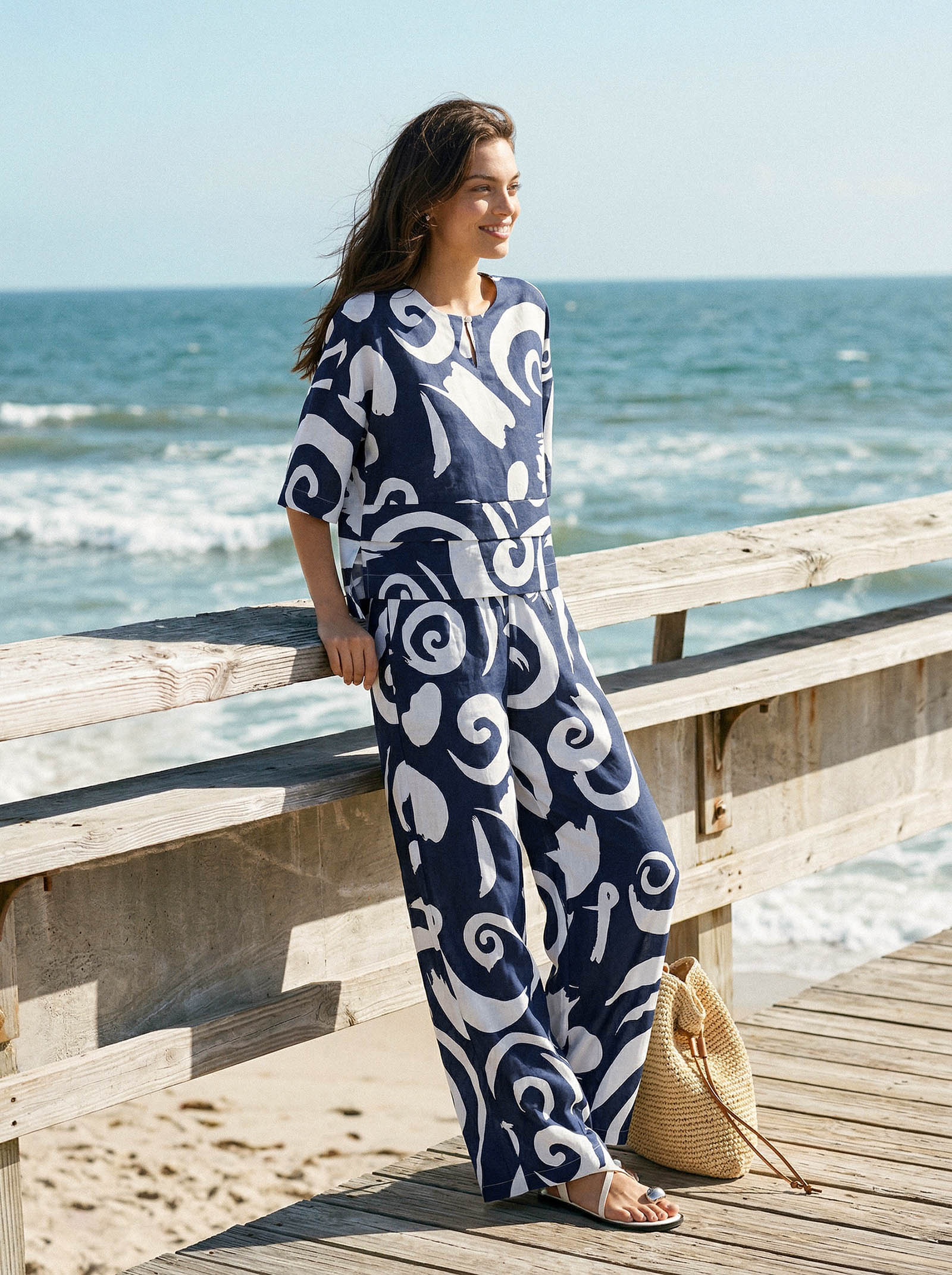 Linen Abstract-Print Straight-Leg Pants ORLA by LINTICO for women