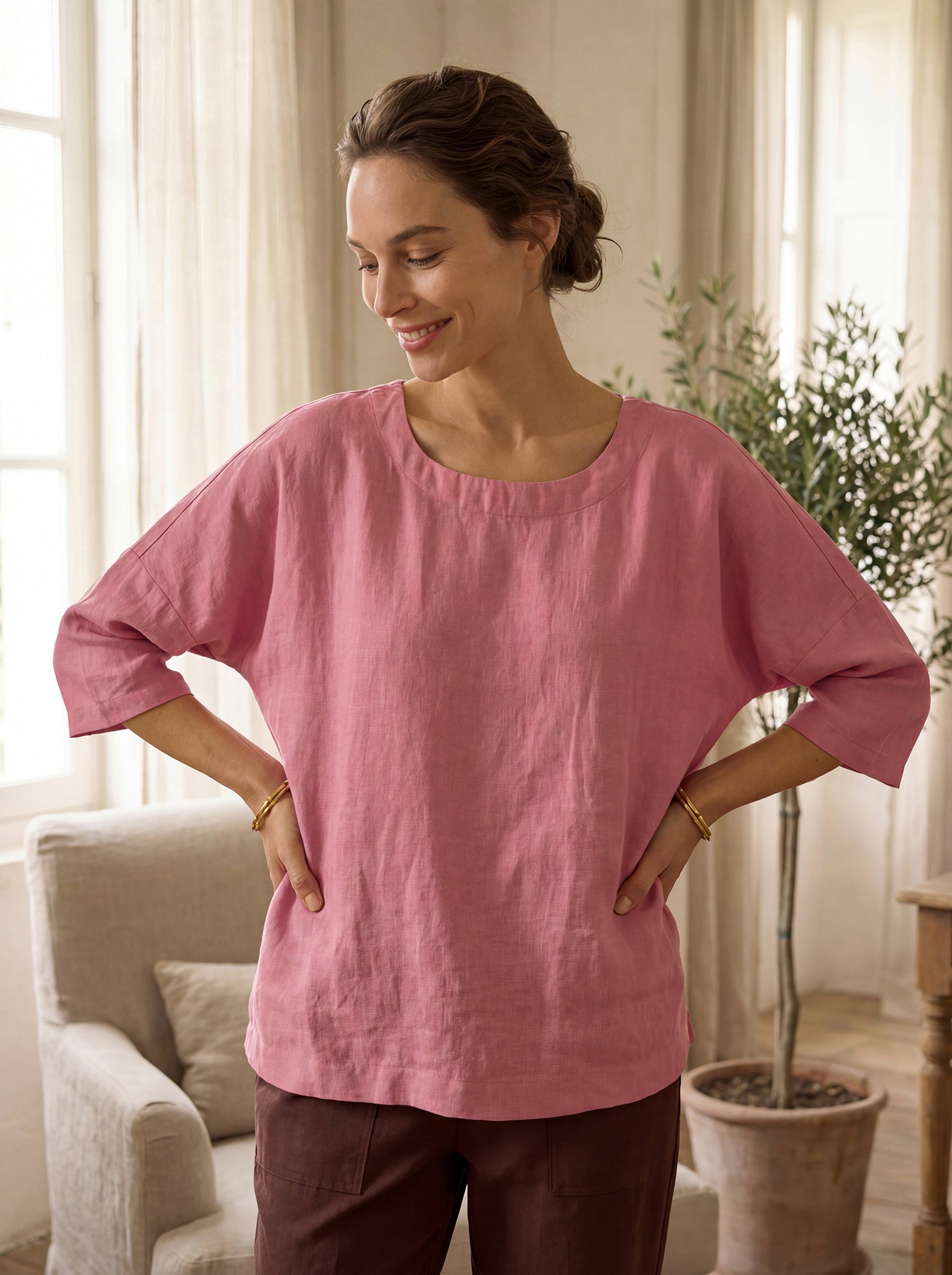 100% Linen Boatneck 3/4 Length Sleeve Top AURORA by LINTICO for women
