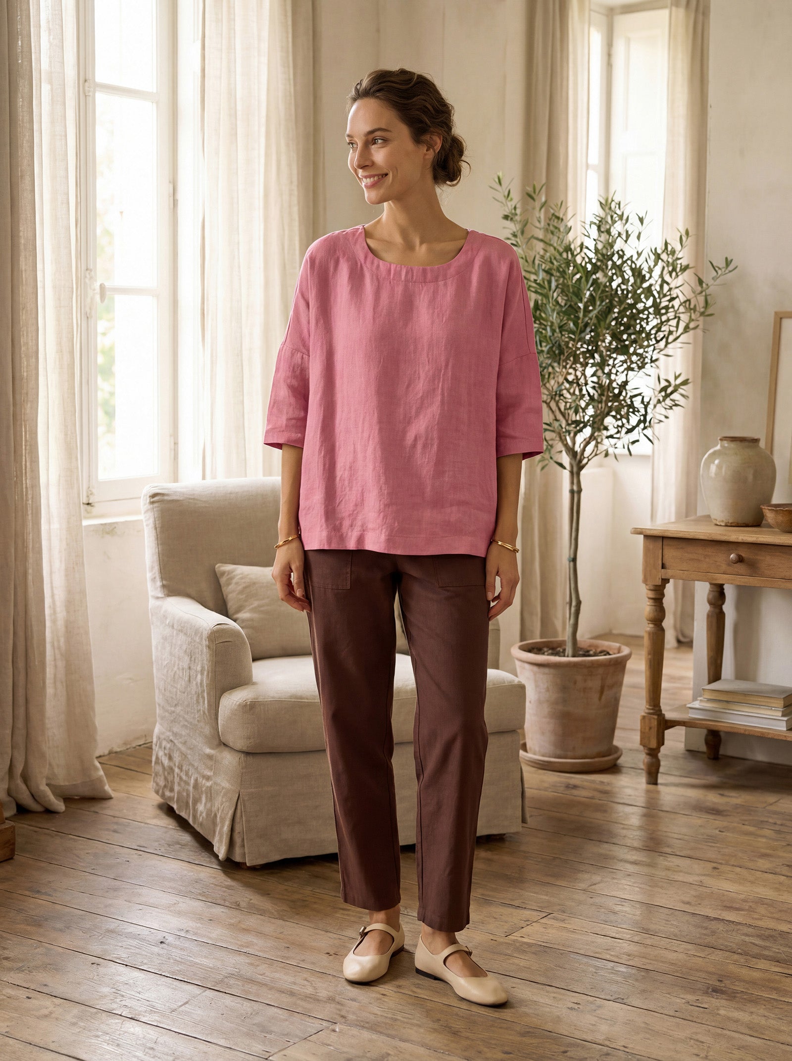 Linen Simple Button Fly Trousers HEIDI by LINTICO for women