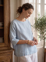 100% Linen Boatneck 3/4 Length Sleeve Top AURORA by LINTICO for women