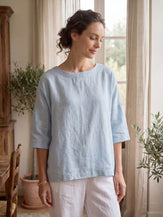 100% Linen Boatneck 3/4 Length Sleeve Top AURORA by LINTICO for women