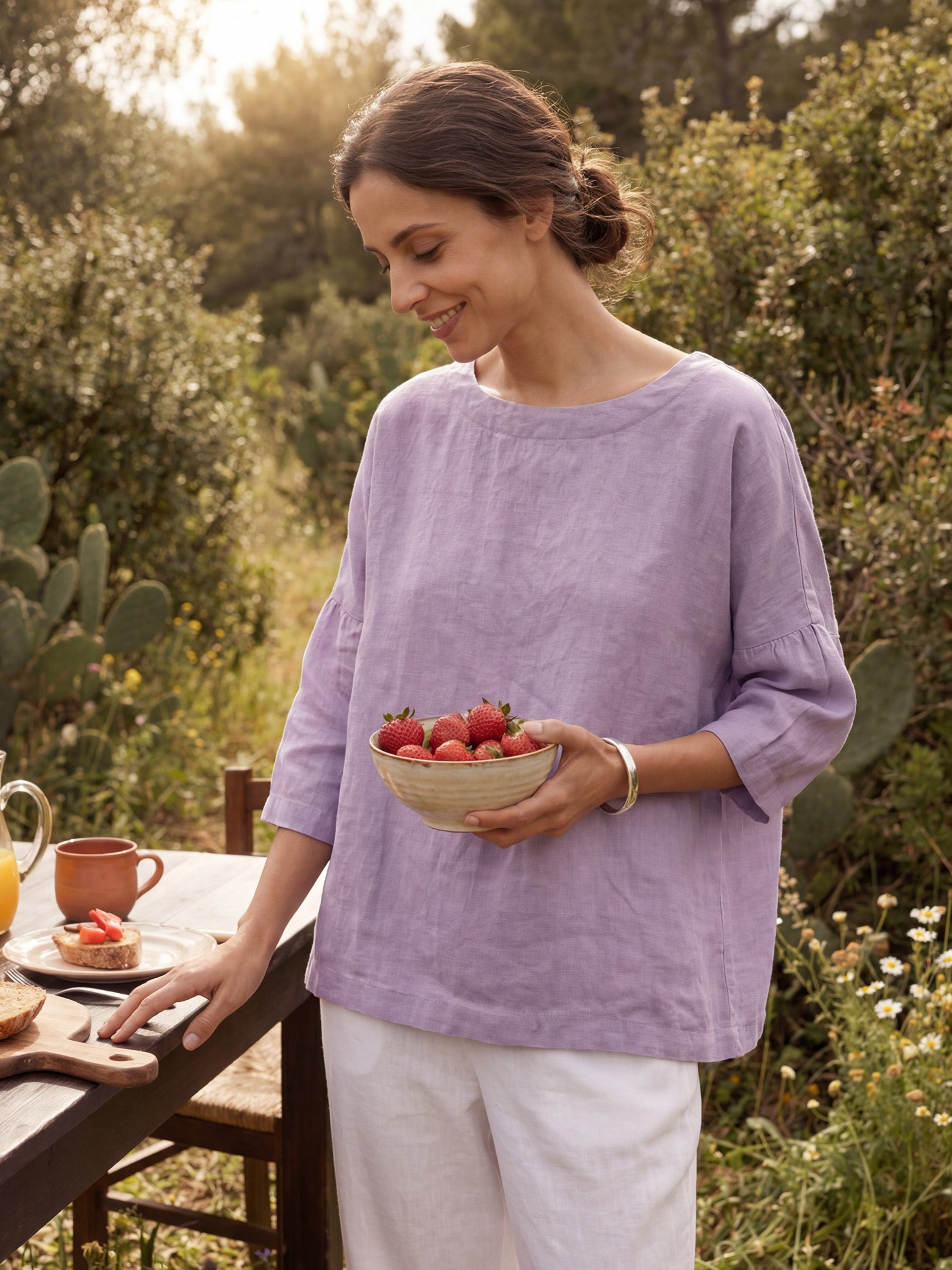100% Linen Boatneck 3/4 Length Sleeve Top AURORA by LINTICO for women