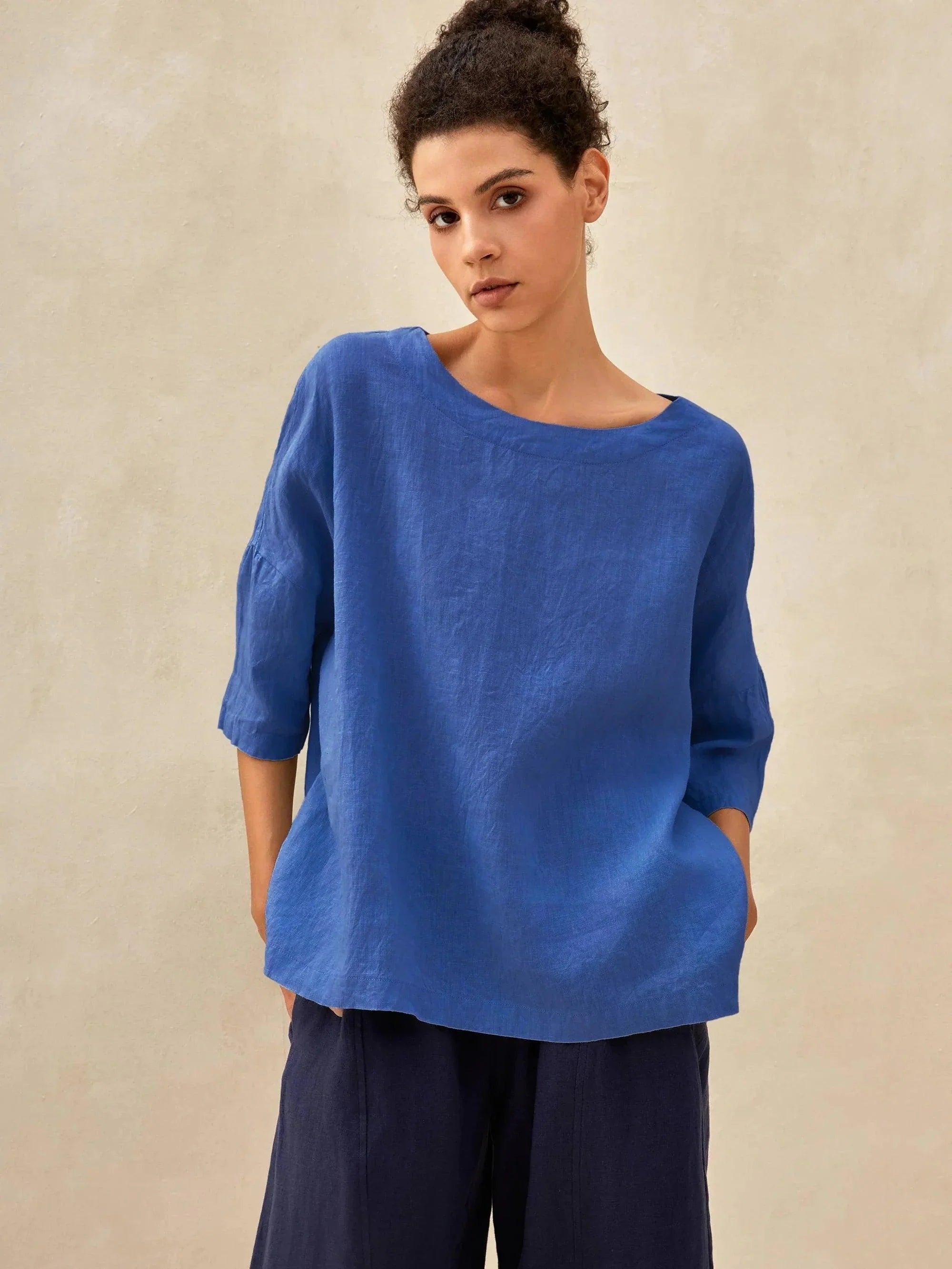 AURORA 100% Linen Boatneck 3/4 Length Sleeve Top - Royal Blue / S - TOPS-Linen Blouses