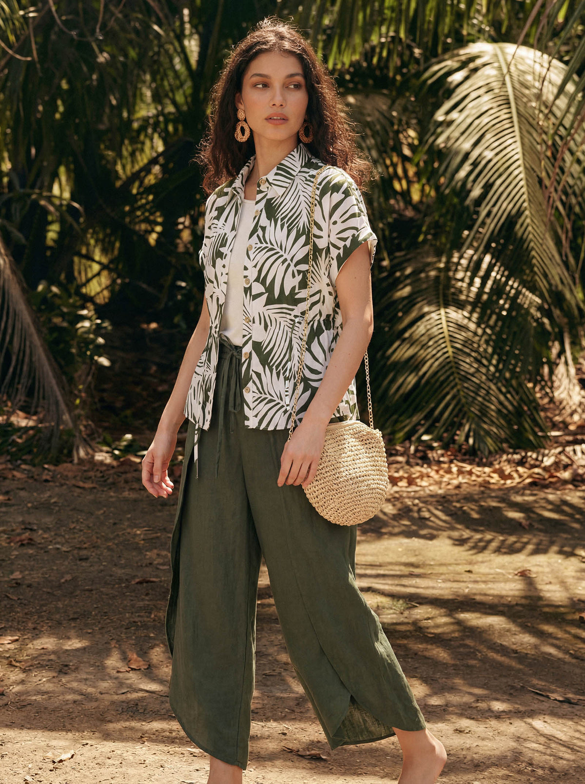 Linen Palm Print Drawstring Waist Cuffed Sleeve Shirt HILDEGARD by LINTICO for women