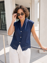 Blue 100% Linen Scalloped Lace Hem Sleeveless Shirt ALVINA by LINTICO