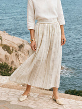 Linen Striped Contrast Trim A-Line Bohemian Skirt with Lining ISMERIE by LINTICO for women