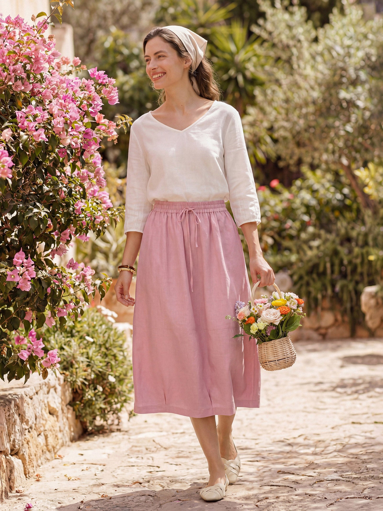 100% Linen Drawstring Lantern Maxi Skirt with Pockets ROXANNE by LINTICO for women