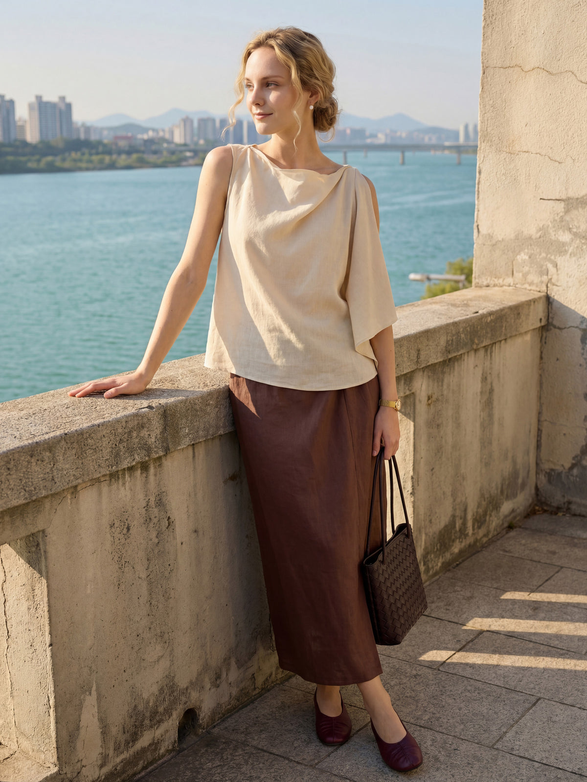 100% Linen Twist-Waist Slit Skirt LIVANA by LINTICO for women