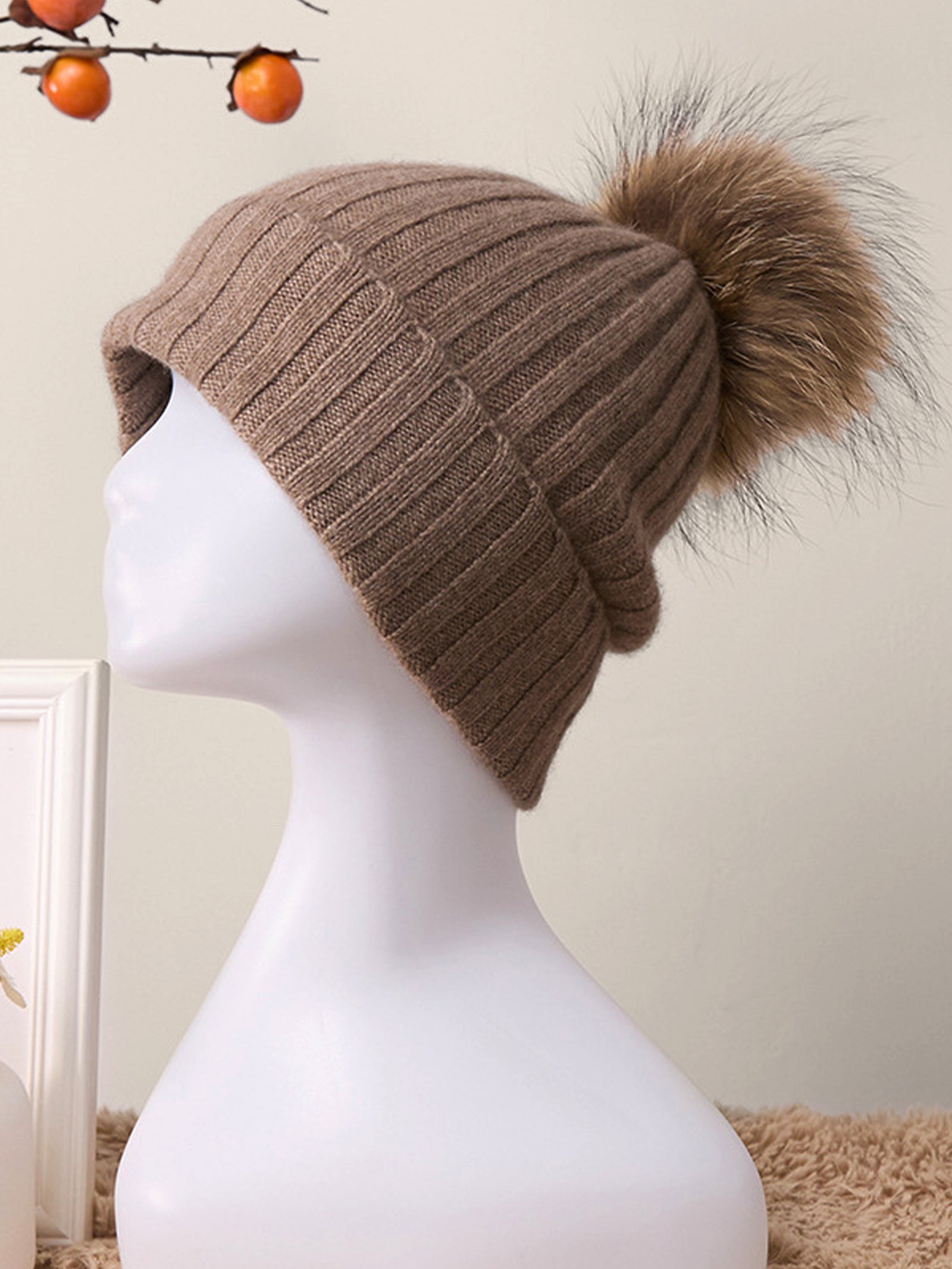100% Cashmere Rib-Knit Slouchy Beanie With Pom-Pom by LINTICO for women