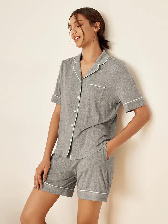 Short Sleeve Bamboo Pajama Set ODESSA - Cloud Grey / Sets / S - LOUNGEWEAR-Bamboo PJS