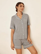 Short Sleeve Bamboo Viscose Pajama Set ODESSA - Cloud Grey / Tops / S - LOUNGEWEAR-Bamboo Viscose PJS