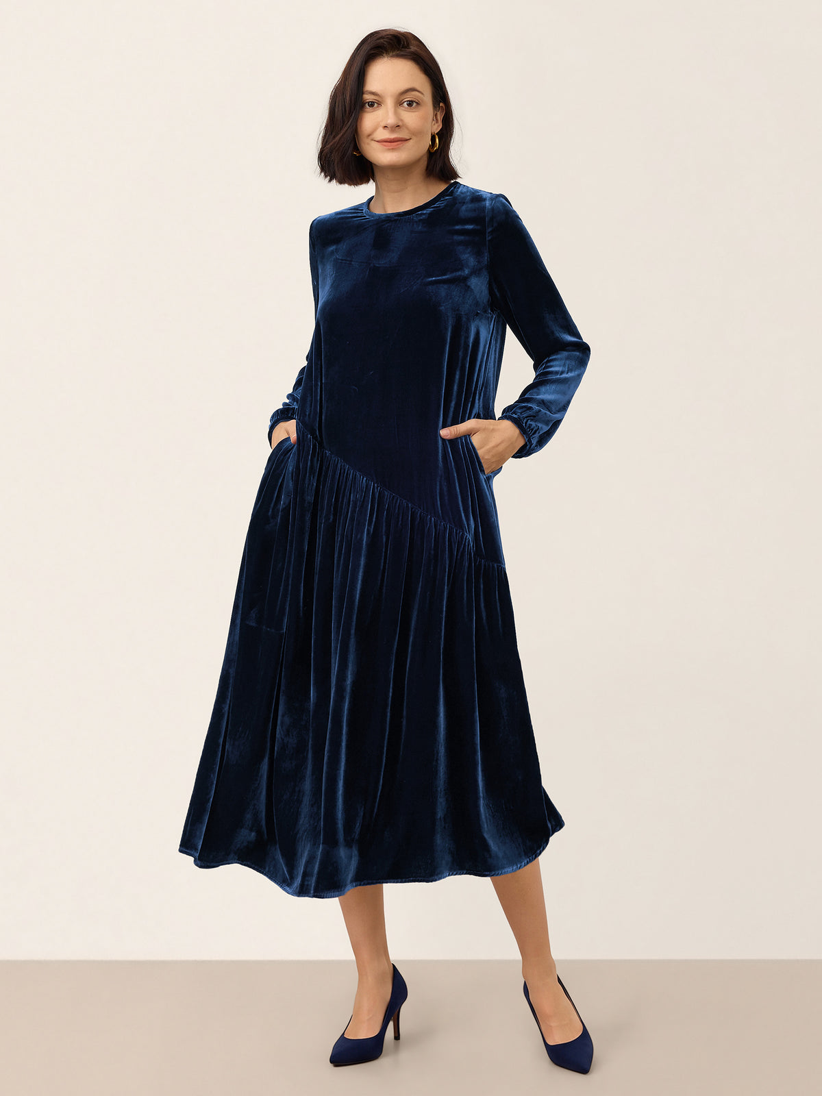 Blue Silk Draped Pleat Relaxed Midi Dress ZELARA