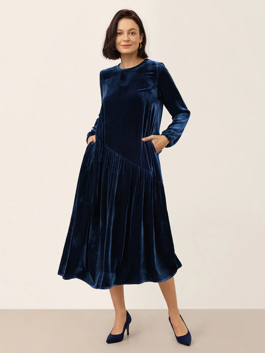 100% Silk Velvet Draped Pleat Relaxed Midi Dress ZELARA