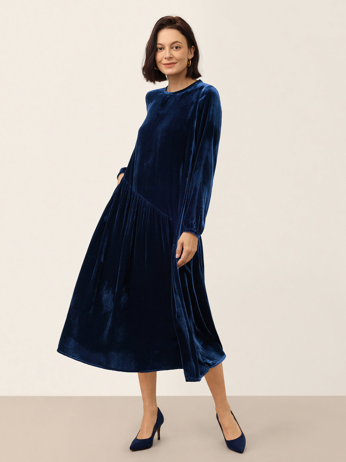 Blue Silk Draped Pleat Relaxed Midi Dress ZELARA