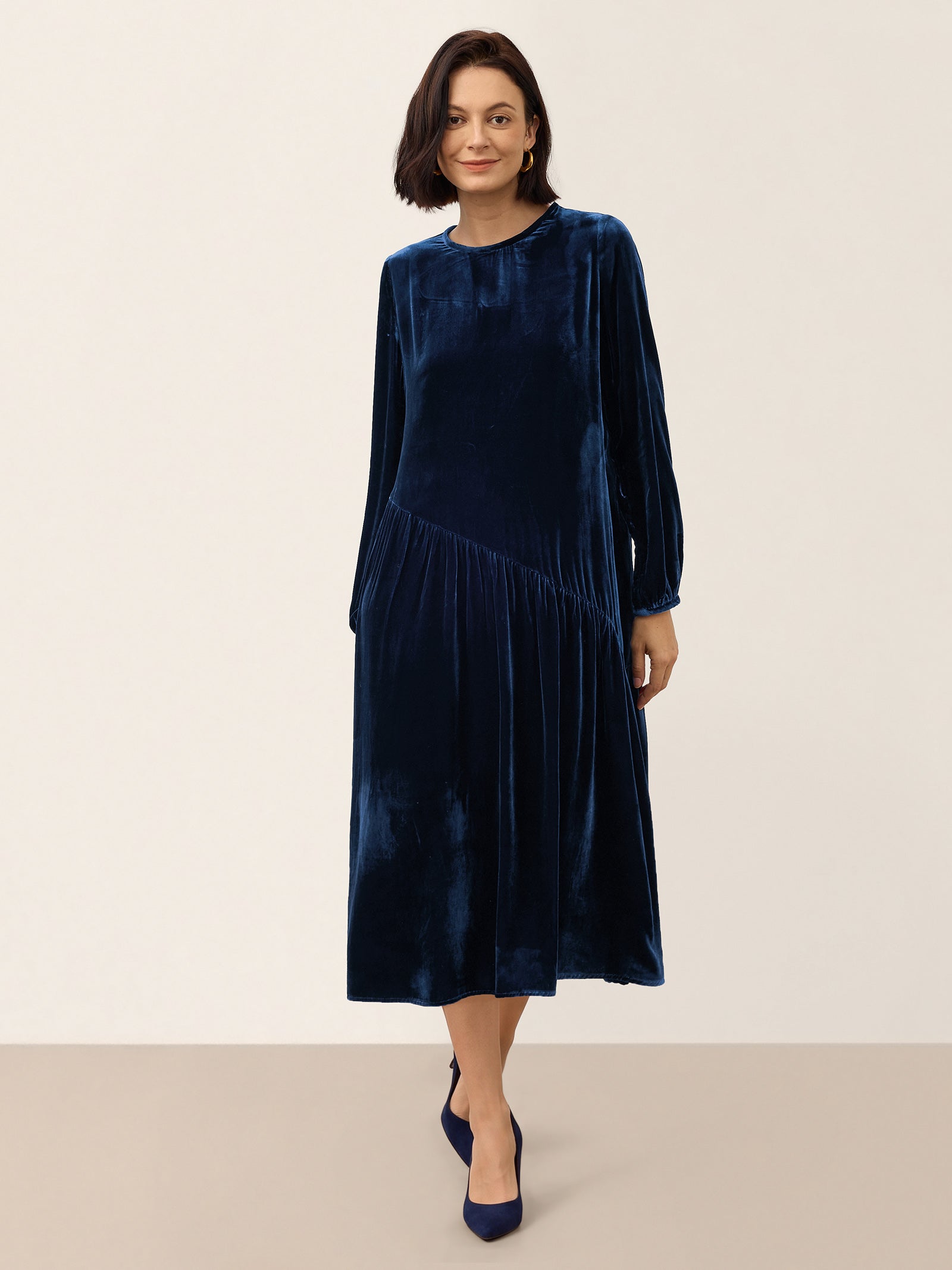100% Silk Velvet Draped Pleat Relaxed Midi Dress ZELARA – LINTICO