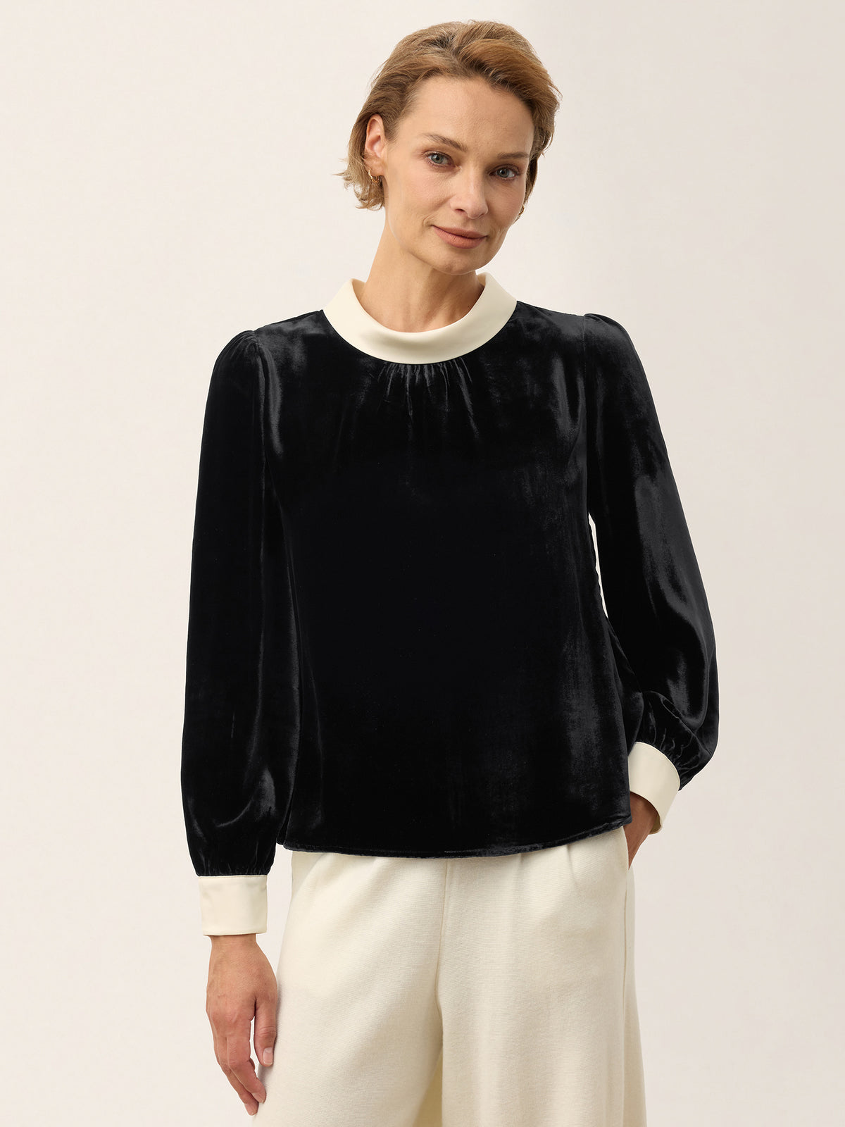 Silk Velvet Contrast Trim Keyhole Top ADELINA