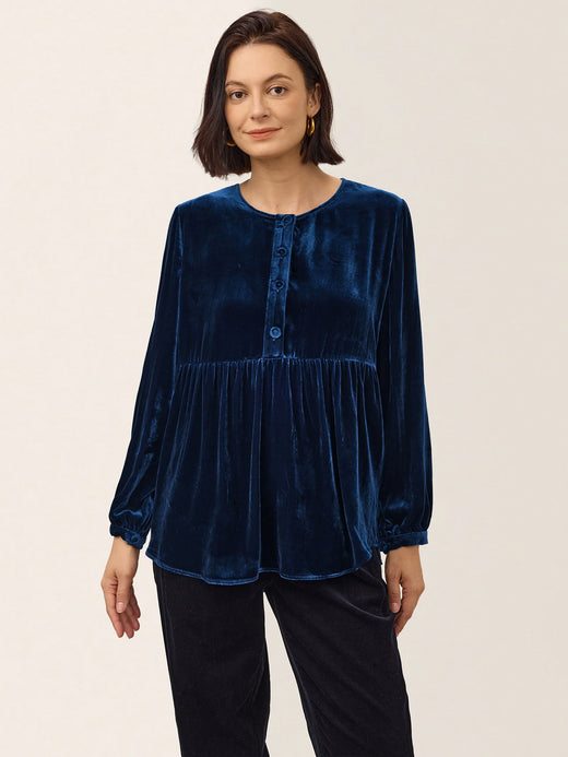 100% Silk Velvet Gathered Waist Half Placket Top MIRELLE