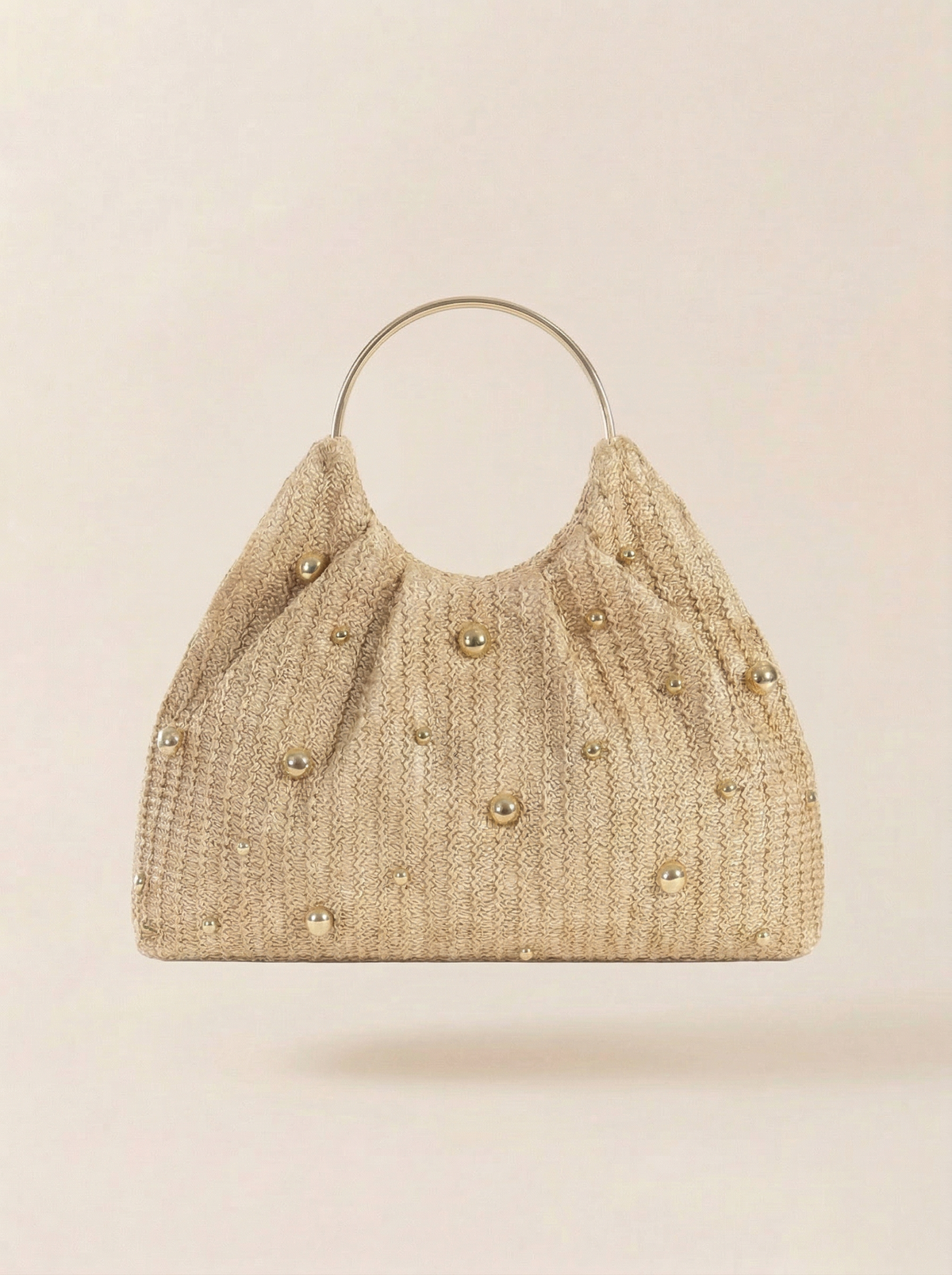 Artisanal Studded Handwoven Raffia Bag Sculptural Ring Handle