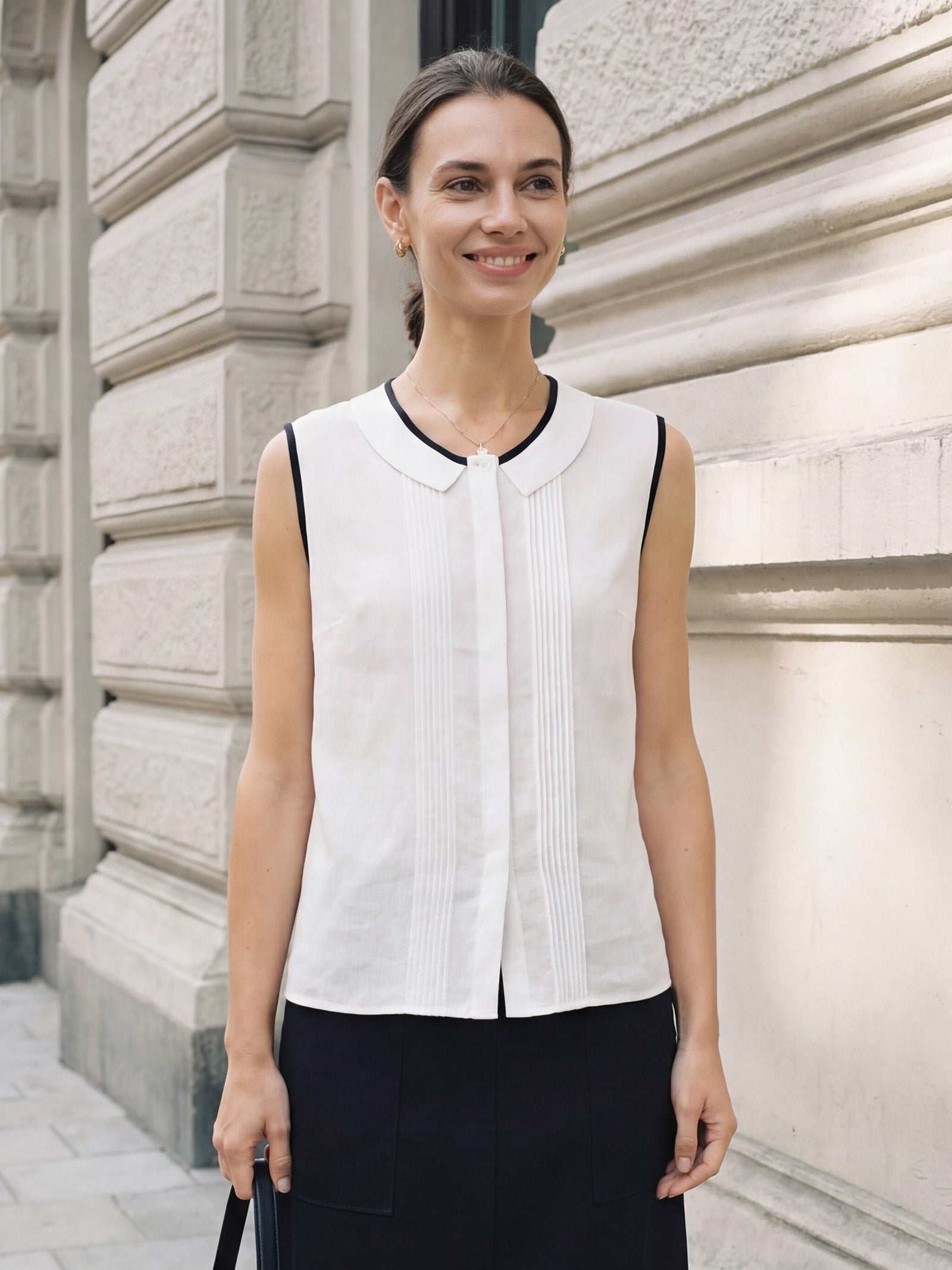 Linen-Lyocell Contrast Trim Pleated Sleeveless Top JUNIPER