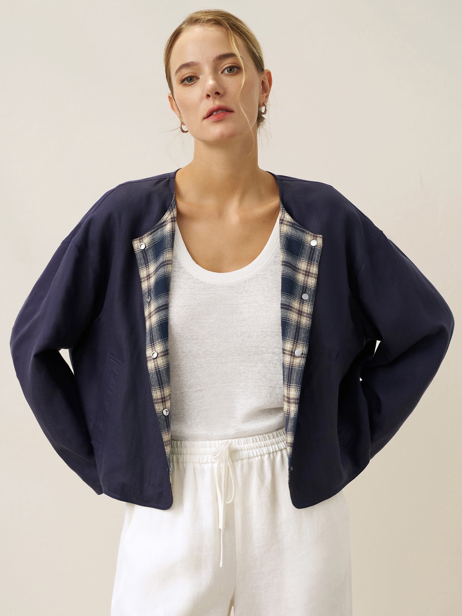 Tencel Linen Reversible Crew Neck Casual Jacket CHLOE