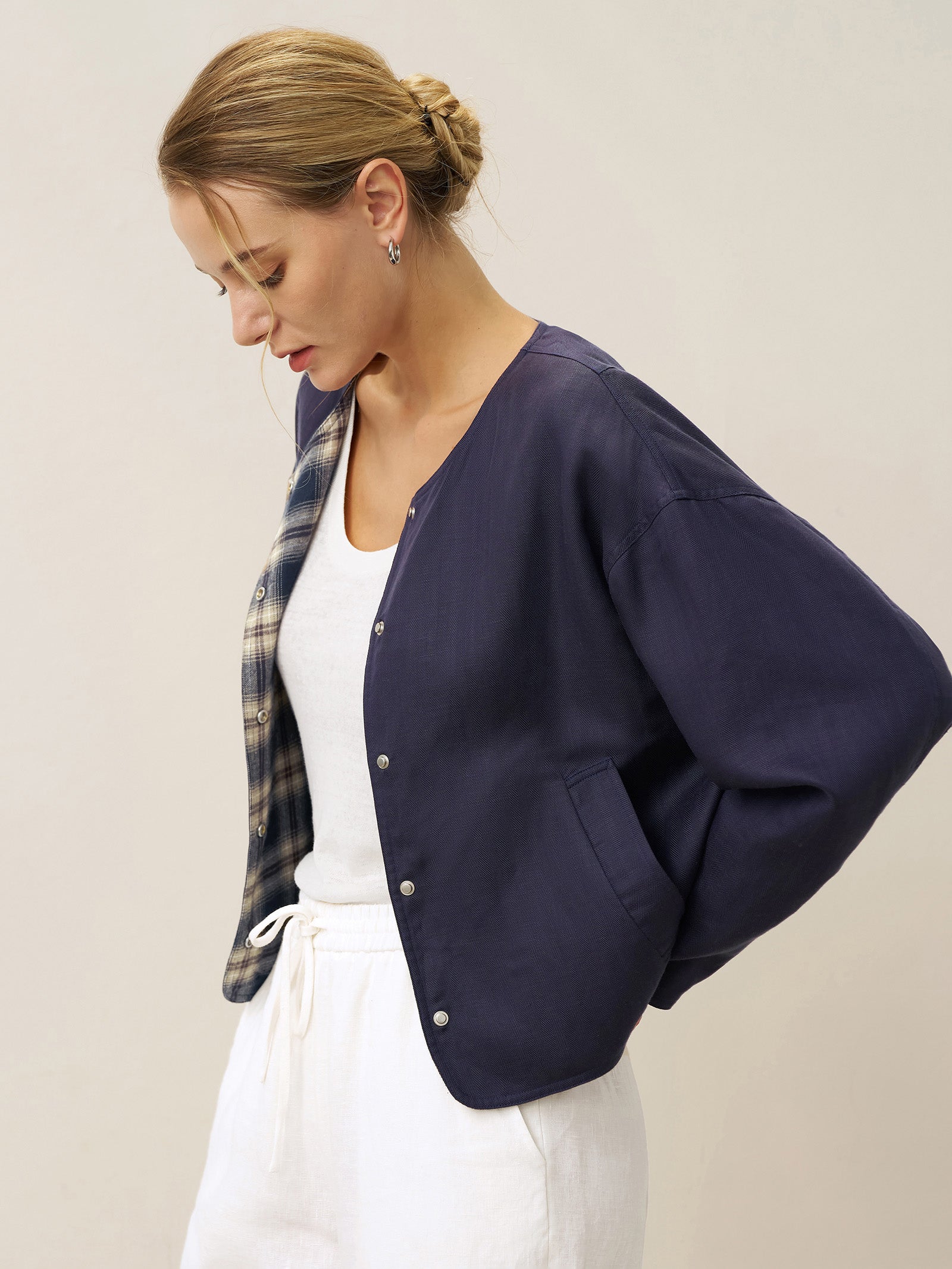 Tencel Linen Reversible Crew Neck Casual Jacket CHLOE