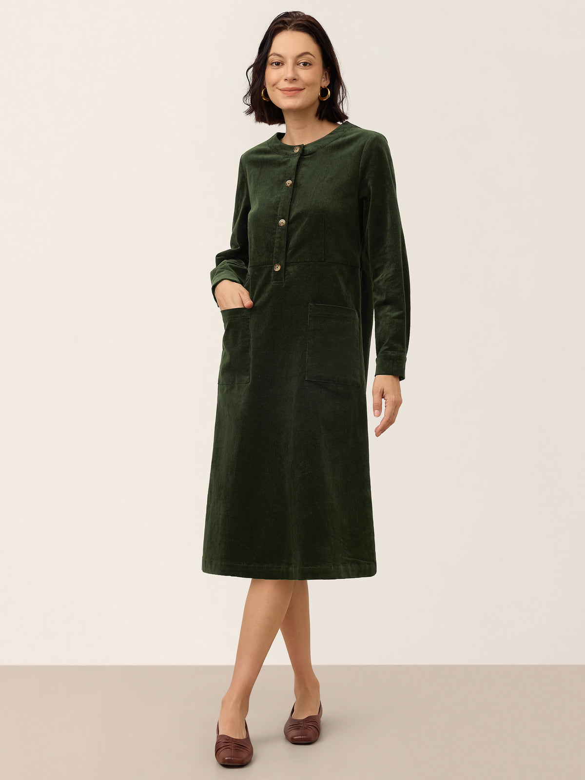 Cotton Lyocell Textured Button Front Pocket Midi Dress NOVALIE in Cypress Green